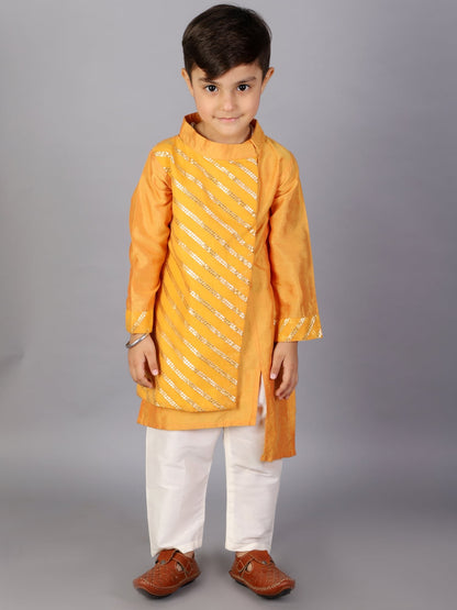 ORANGE ASYMMETRIC ZARI ATTACHED KURTA PYJAMA SET
