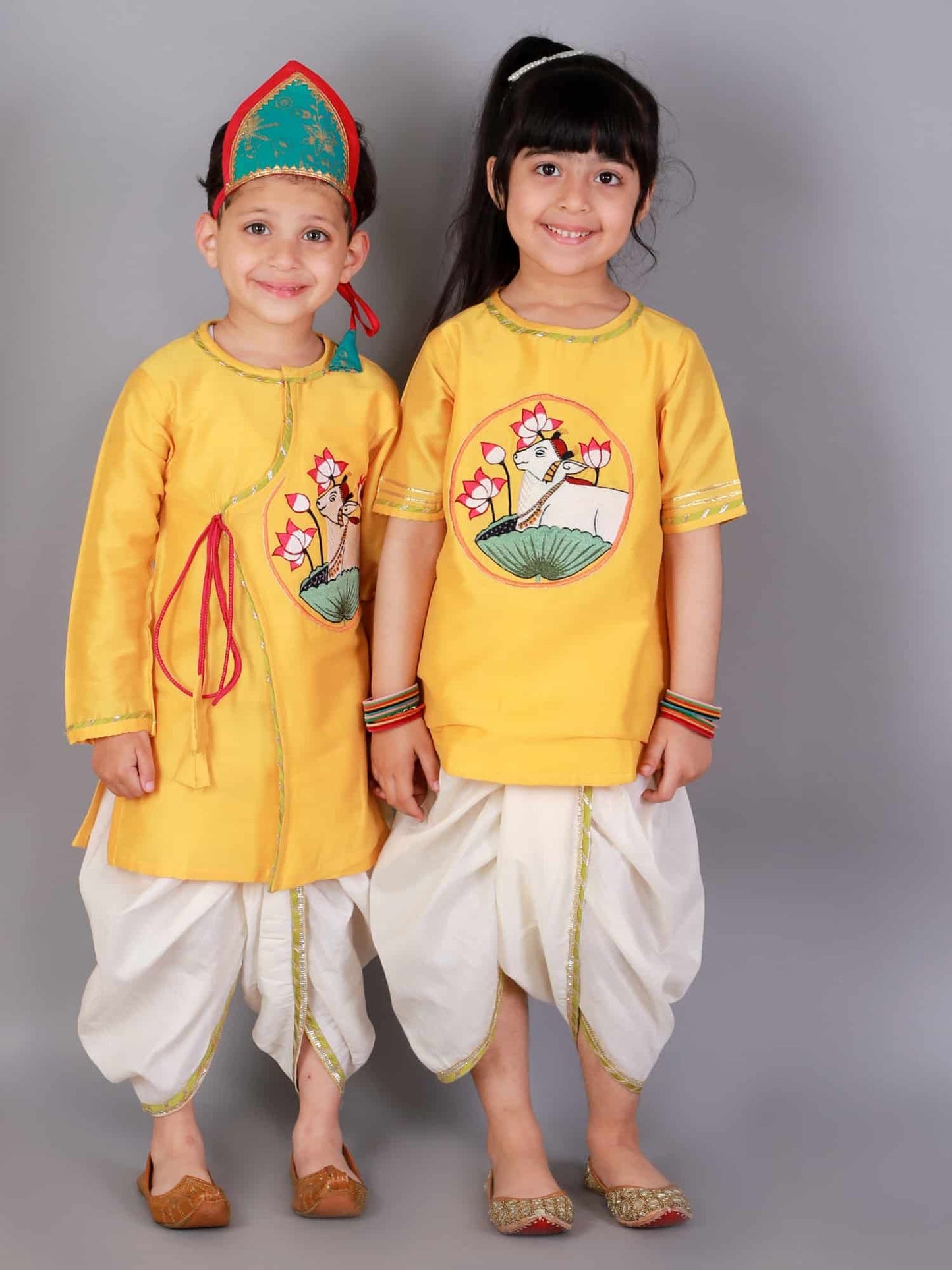MUSTARD PICHWAI EMBROIDERED ANGRAKHA KURTA DHOTI  SET