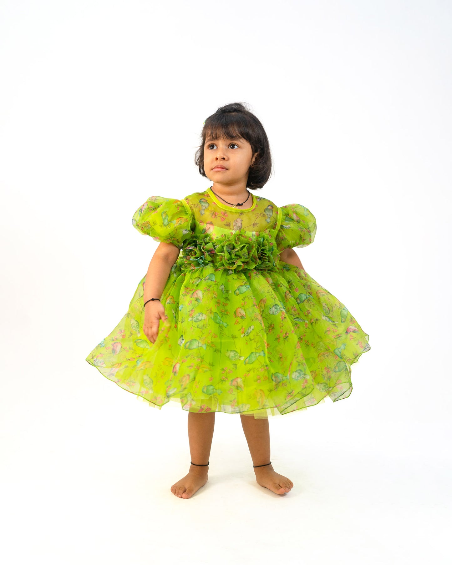 GREEN BIRD PRINTED FRONT FLOWERED DESIGNED FROCK