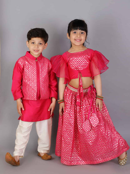 FUSCHIA PINK  KURTA WITH ATTACHED JACKET AND PYJAMA