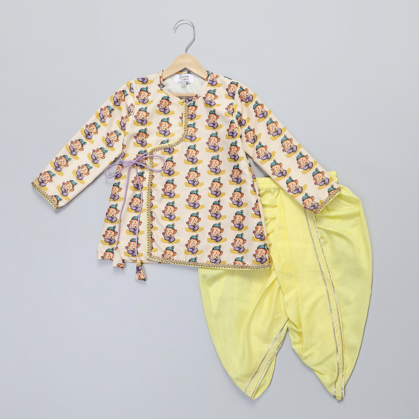 GANPATI PRINT KURTA  YELLOW DHOTI SET