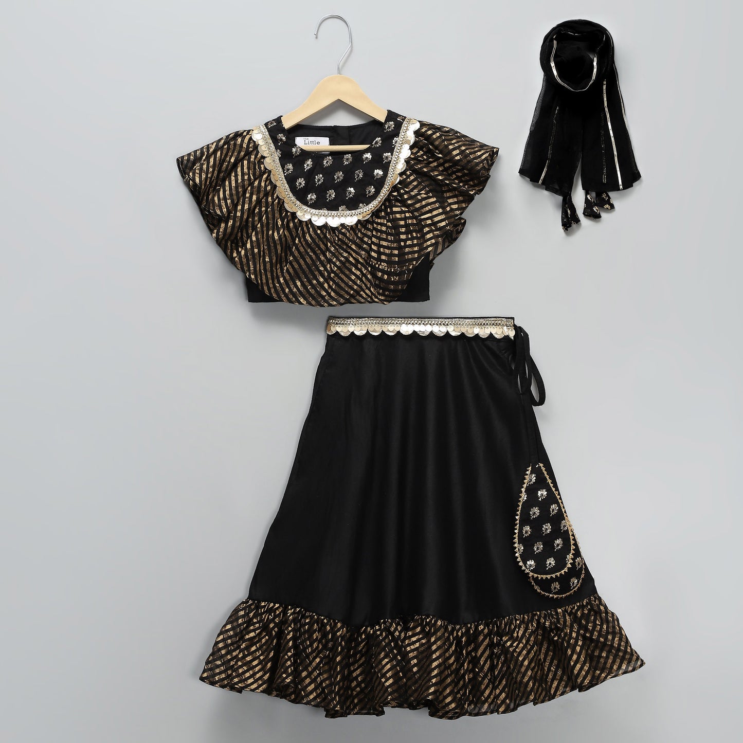 BLACK CHANDERI FRILL LEHNGA SET