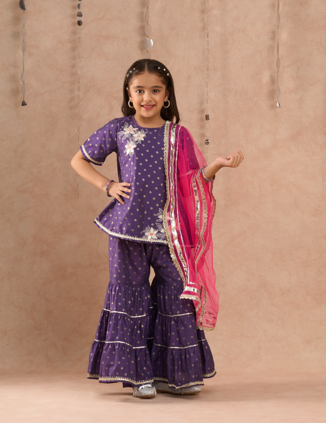 Ethnic Girls Purple Kurta with Sharara set