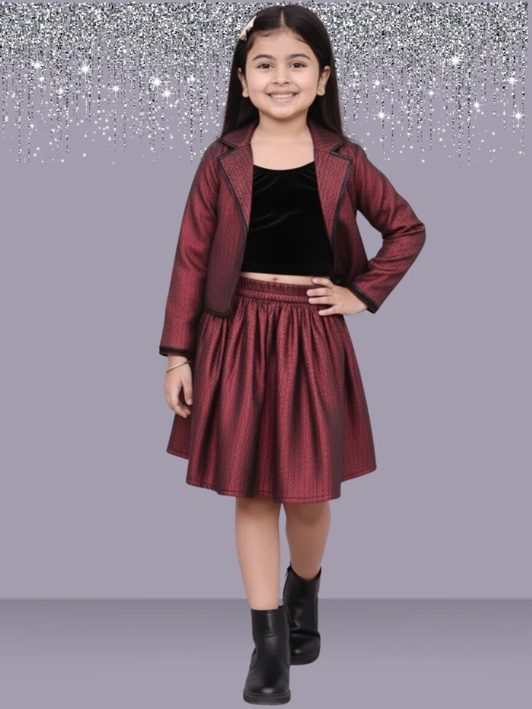 Glam up Girls Party Maroon Jacket and Skirt