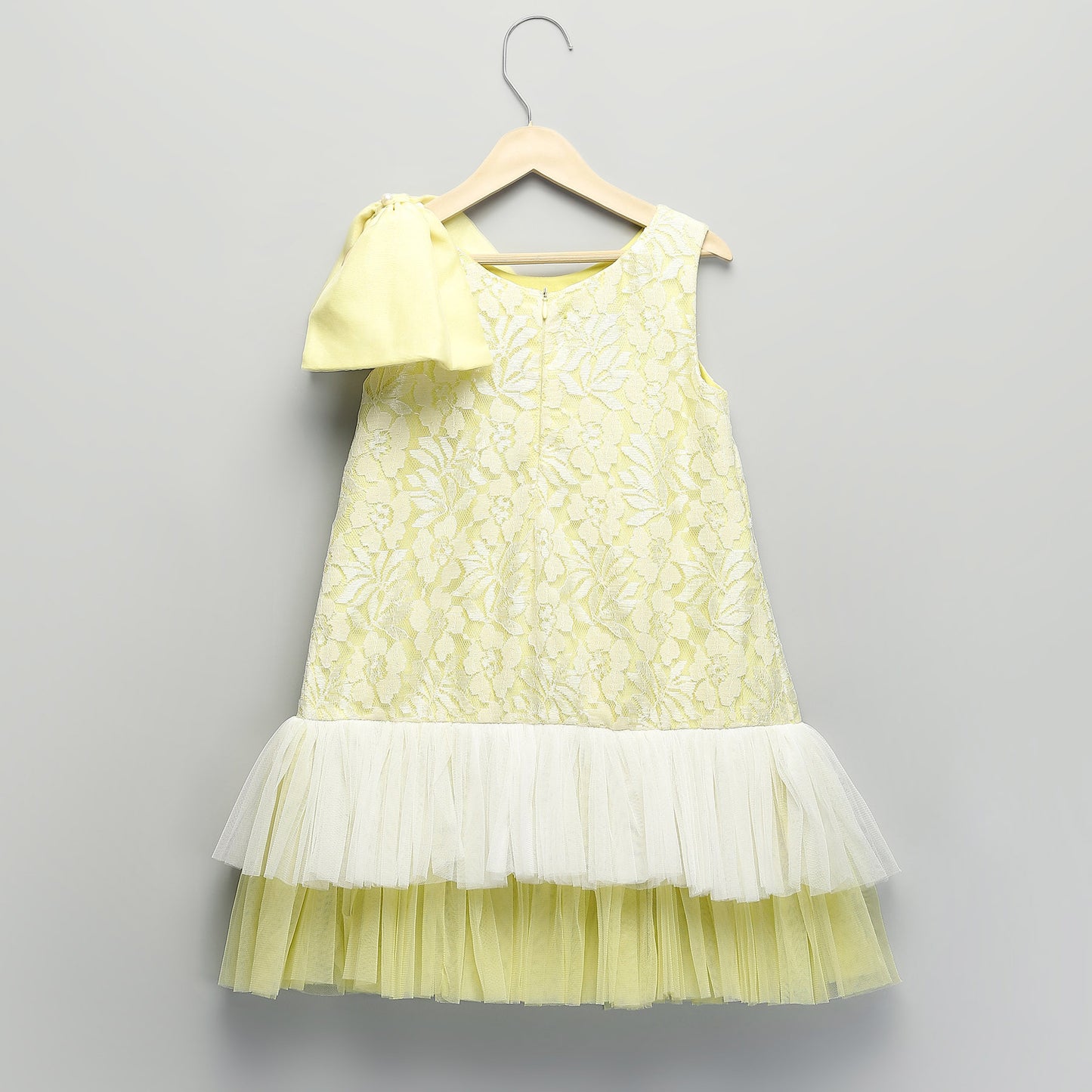 LIME YELLOW LACE DRESS WITH NET RUFFLES