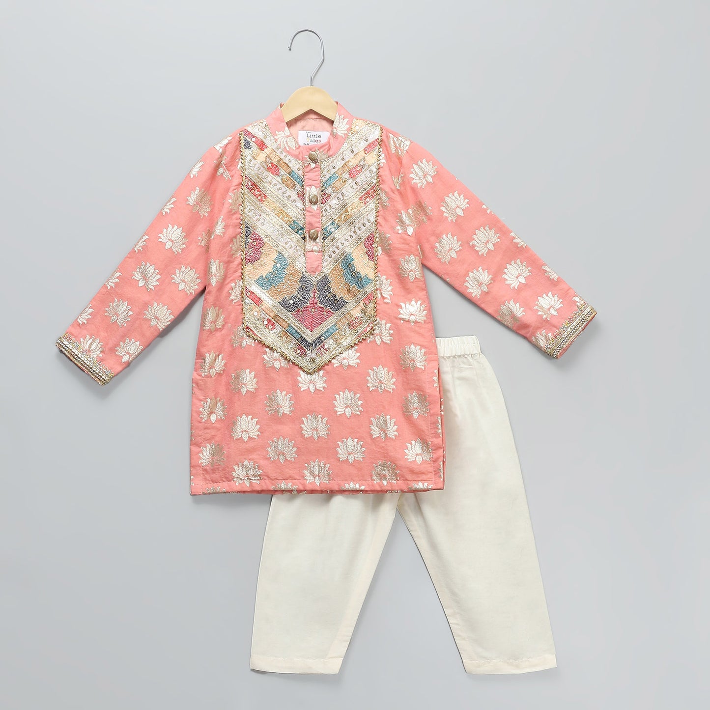 PEACH LOTUS PRINT WITH YOKE EMBROIDERY KURTA PAYJAMA SET