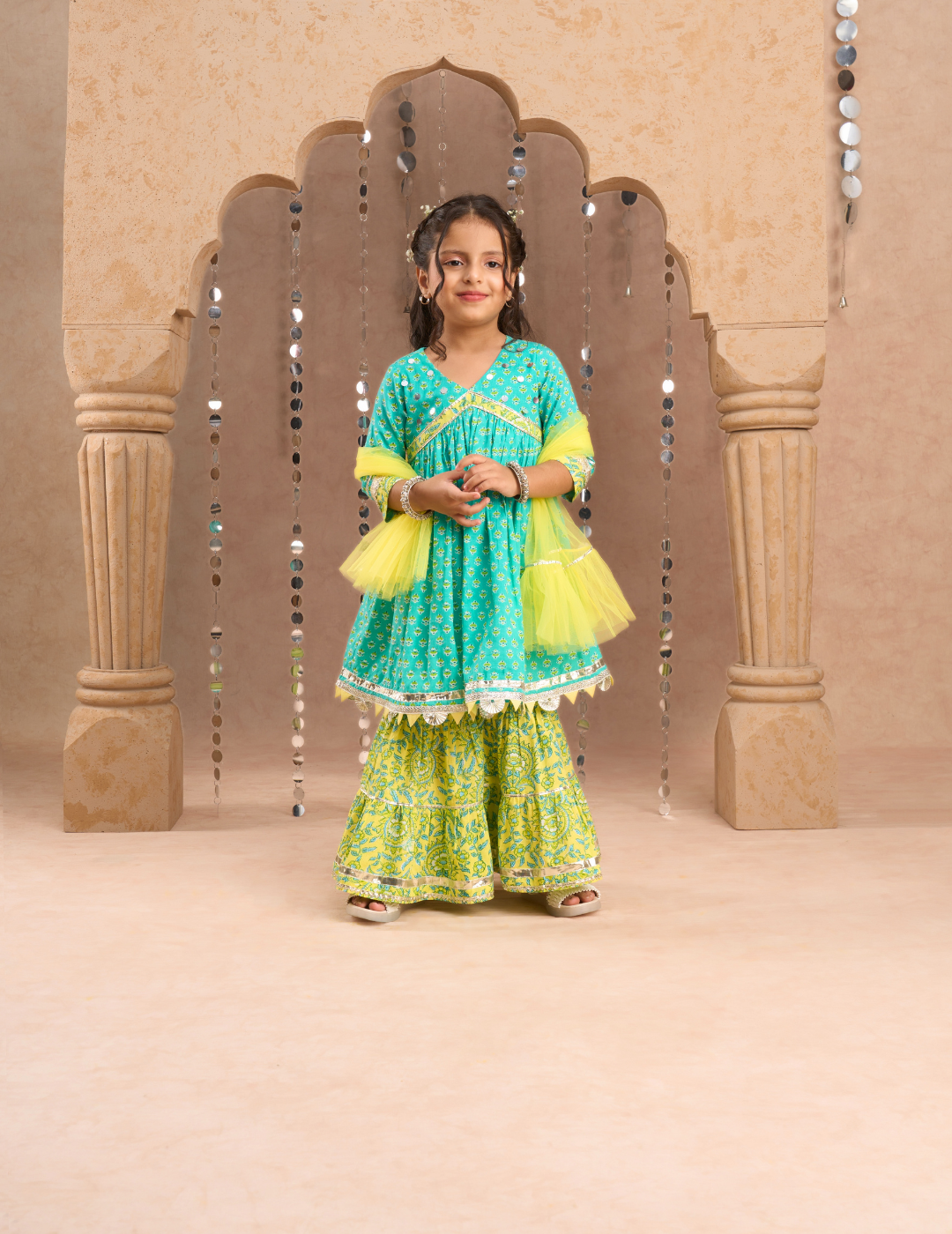 Jaipur Girls Green Cotton Kurta with Sharara with Dupata Ethnic Set