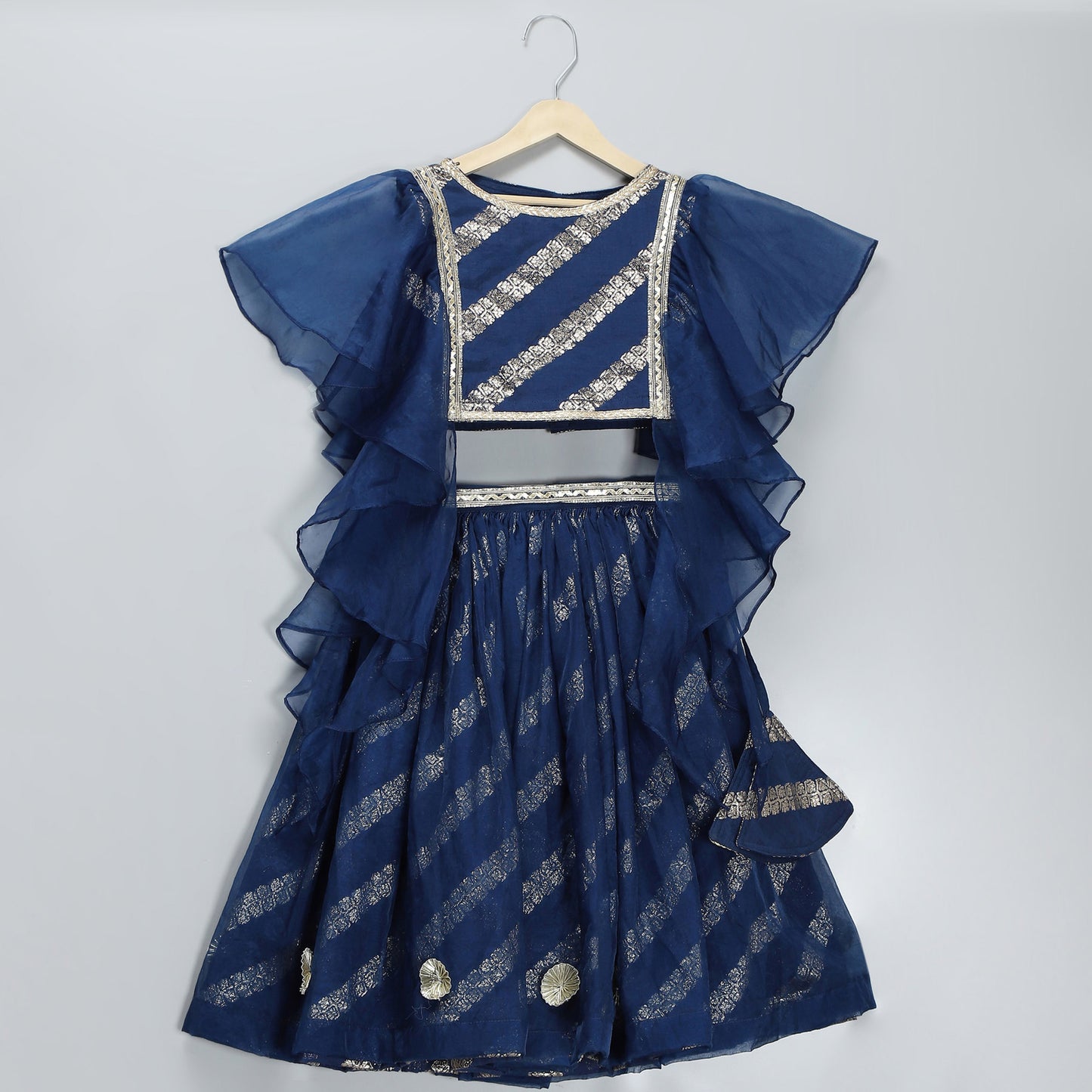 BLUE CHANDERI FRILL BLOUSE LEHNGA SET