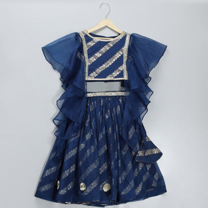 BLUE CHANDERI FRILL BLOUSE LEHNGA SET