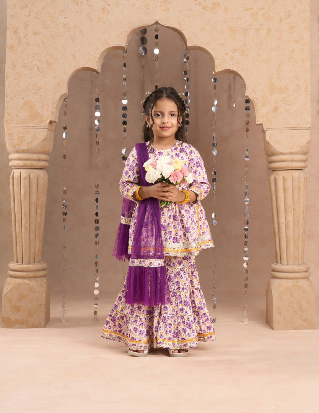 Jaipur Girls Lavender Cotton Kurta with Sharara with Dupata Ethnic Set