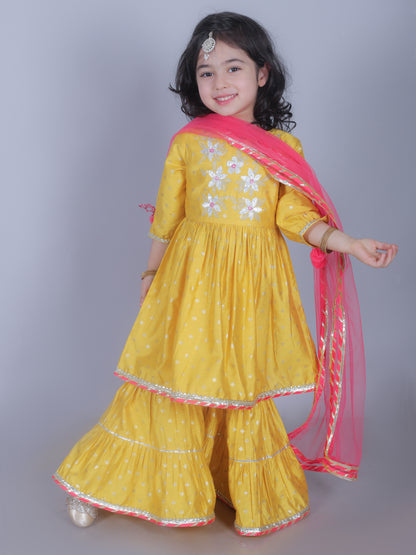 Ethnic Girls Yellow kurta with Sharara and Dupatta set