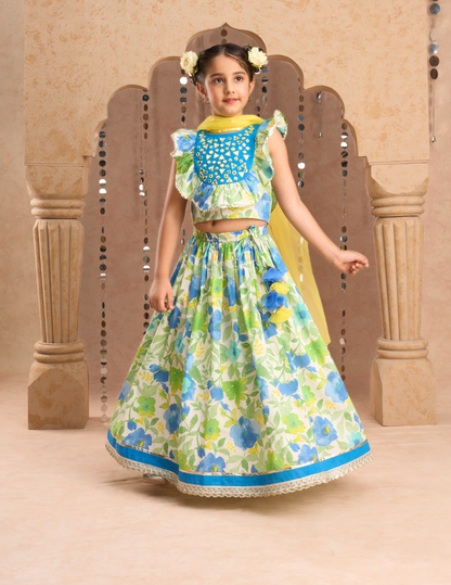 Jaipur Girls Green Cotton Lehanga and Choli with Dupata Ethnic Set