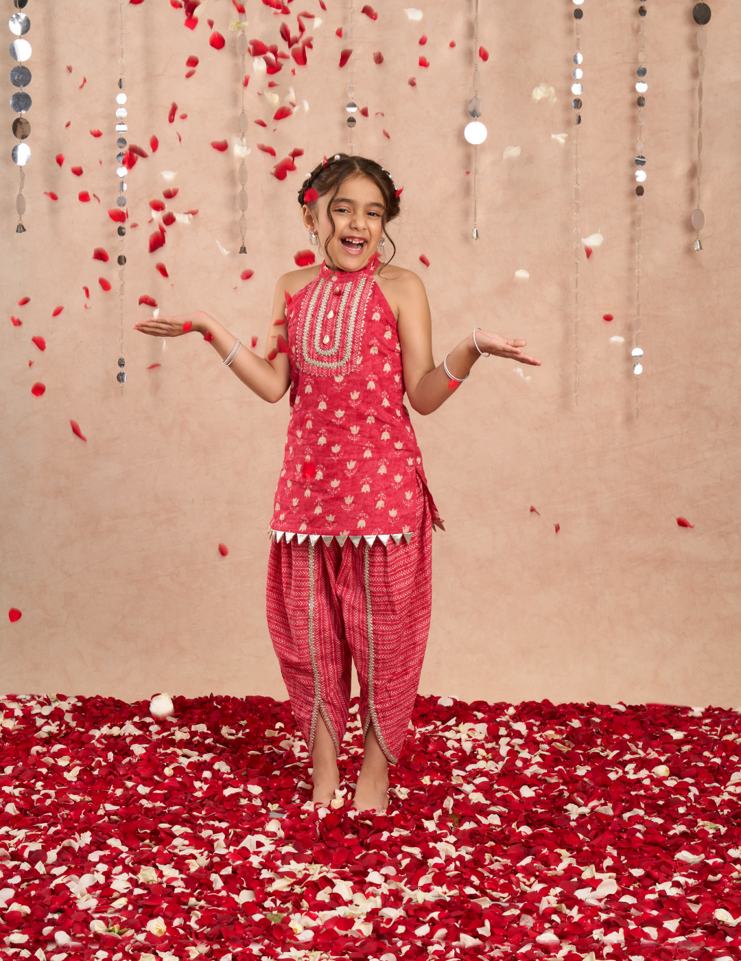 Jaipur Girls Red Cotton Kurta with Dhoti Ethnic Set