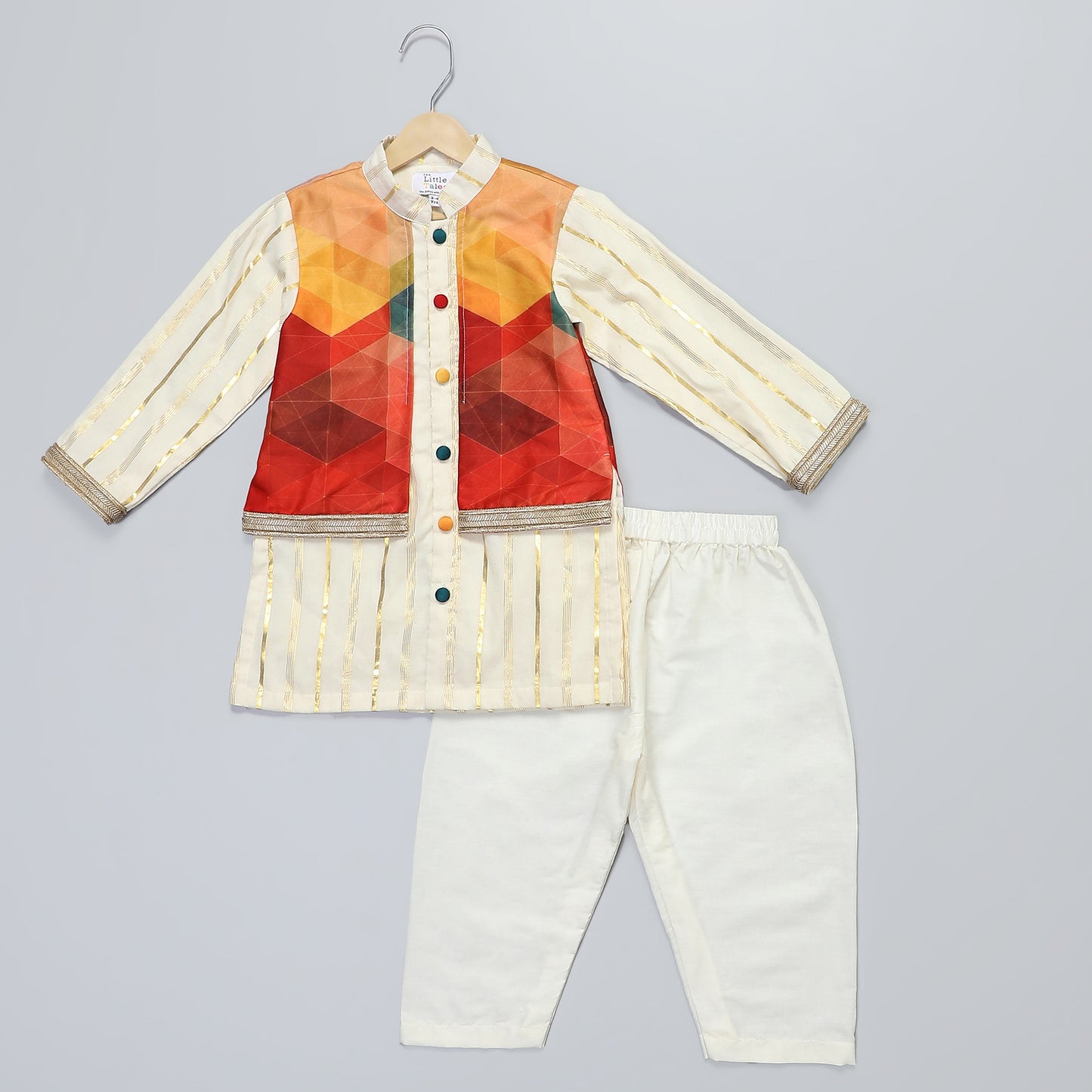 OFF WHITE  KURTA WITH MULTI COLORATTACHED JACKET AND PYJAMA