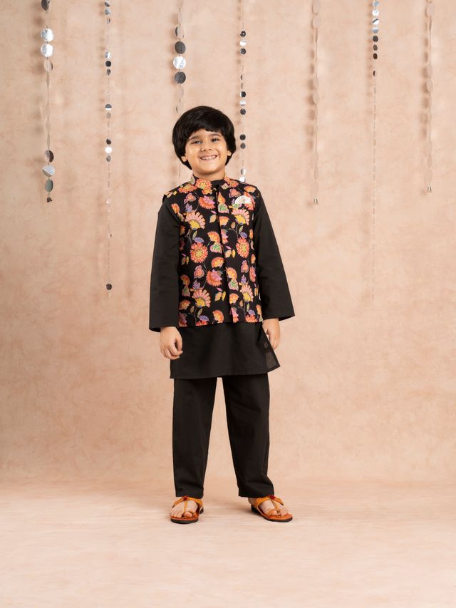 Jaipur Boys Black Kurta and Pyjama with Jacket Ethnic Set