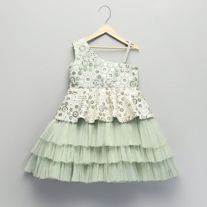 GREEN EMBROIDERY PEPLUM DRESS