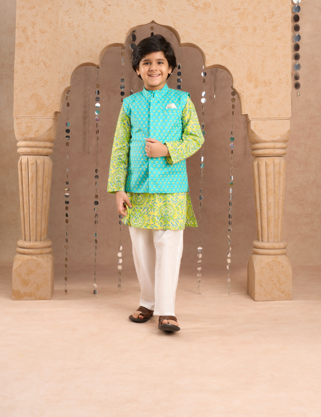 Jaipur Boys Green Kurta and Pyjama with Jacket Ethnic Set