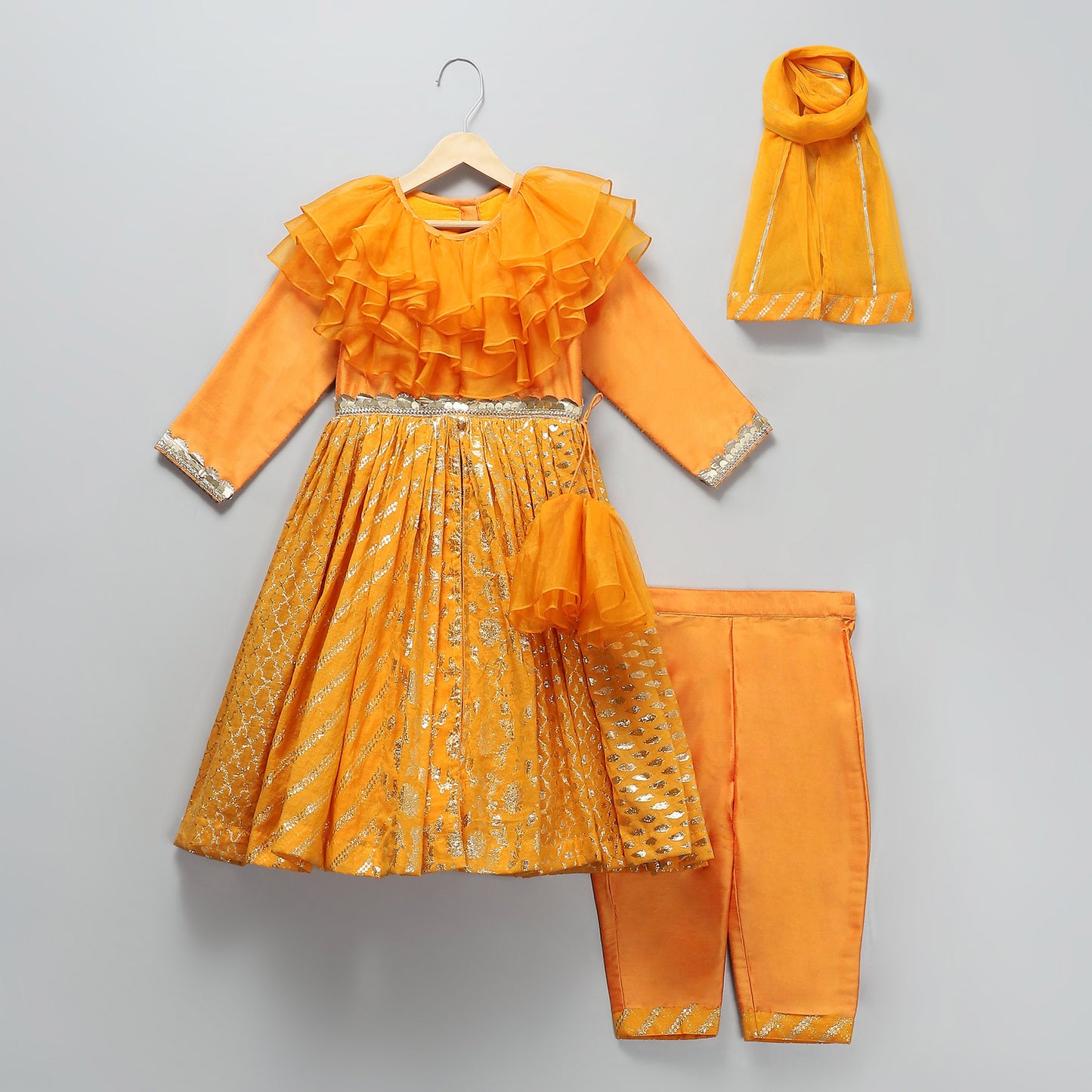 ORANGE FRILLY CHANDERI ANARKALI SET WITH DUPPATTA