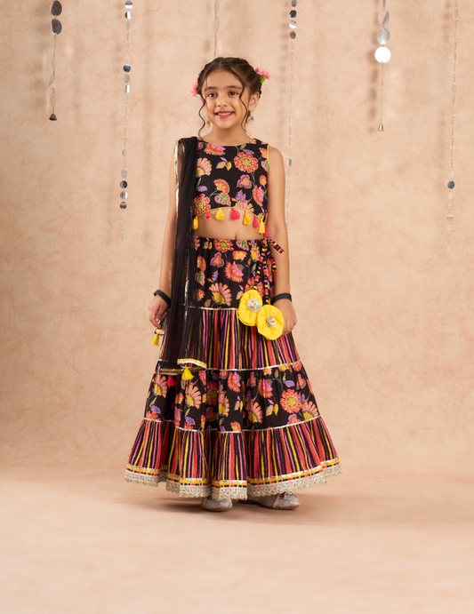 Jaipur Girls Black Cotton Lehanga and Choli with Dupata Ethnic Set