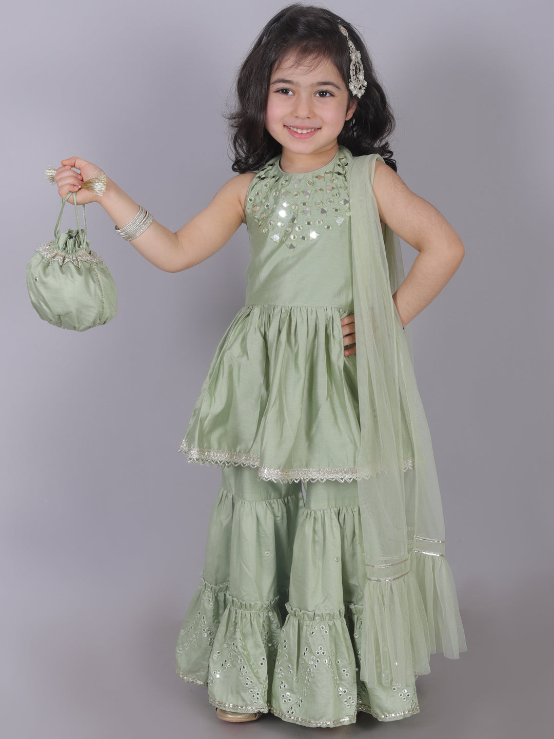 Ethnic Girls Green Kurta with Sharara and dupatta set