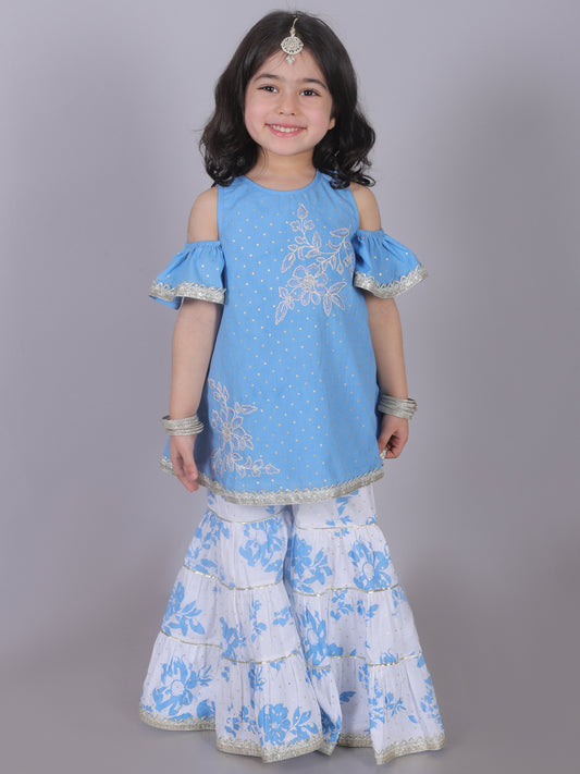 Ethnic Girls Blue Cotton Kurta with Sharara Set