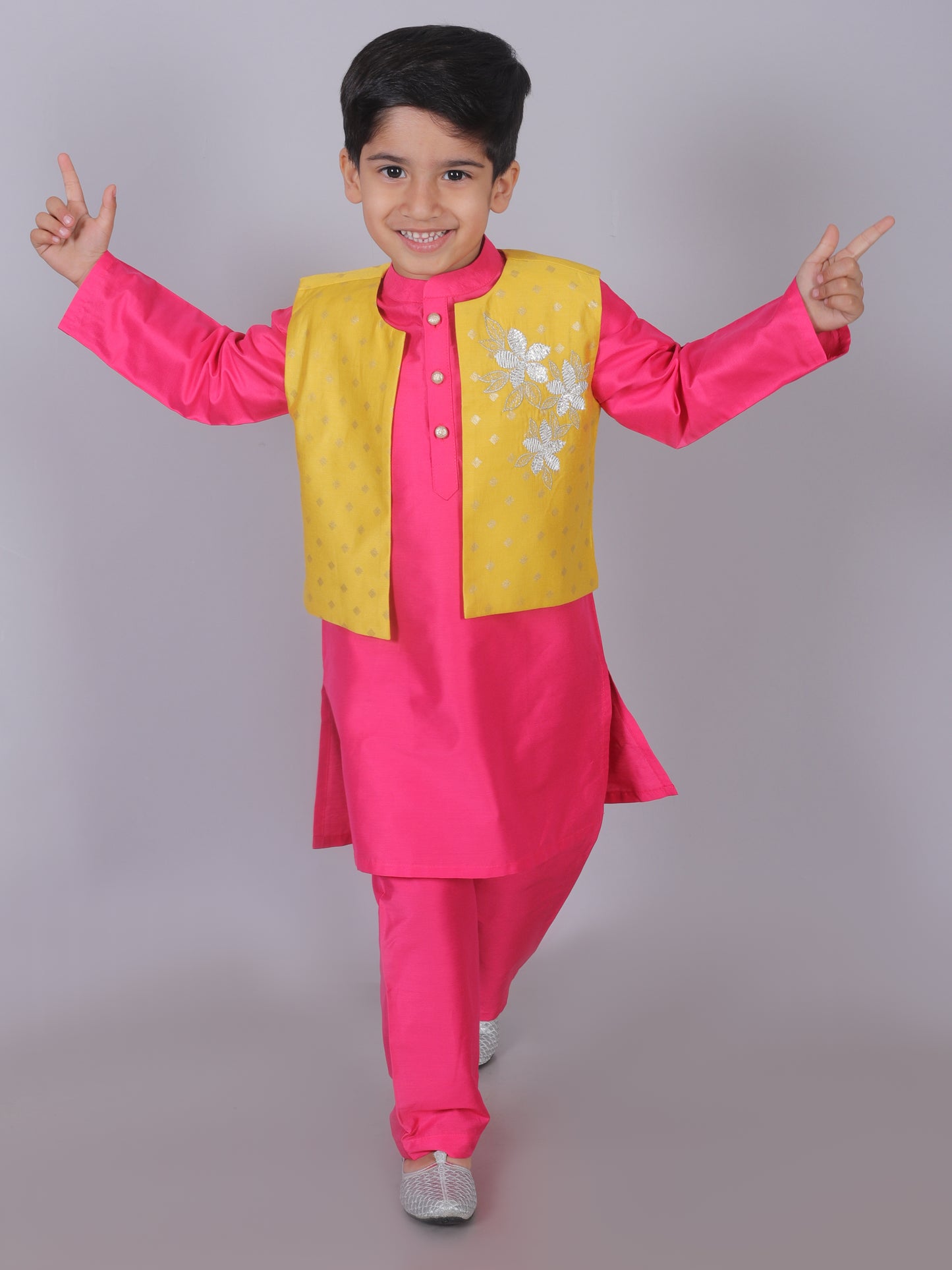 Ethnic Boys Pink Kurta with Pant and Jacket set