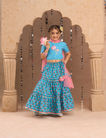 Jaipur Girls Blue Cotton Lehanga and Choli with Dupata Ethnic Set