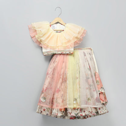 MULTI COLOR ORGANZA FRILL  WITH PRINTED LEHNGA SET
