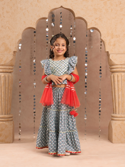 Jaipur Girls Grey Cotton Lehanga and Choli with Dupata Ethnic Set