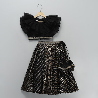 BLACK ORGANZA FRILL CHANDERI LEHNGA SET