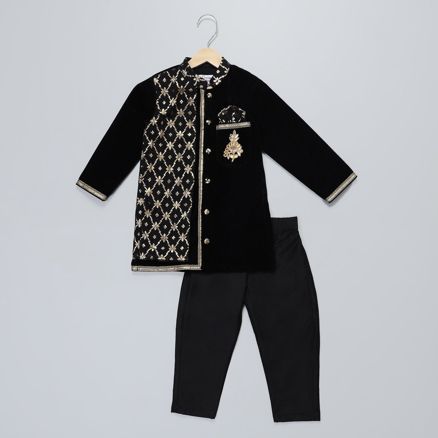 BLACK VELVET KURTA SET WITH CHANDERI PANEL