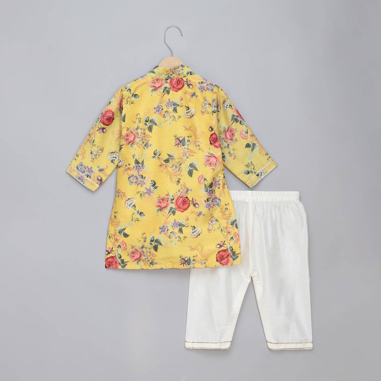 YELLOW PRINTED  KURTA PYJAMA SET WITH ATTACHED PRINT PANEL