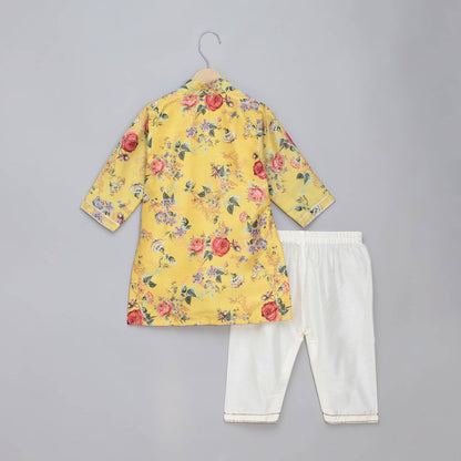 YELLOW PRINTED  KURTA PYJAMA SET WITH ATTACHED PRINT PANEL