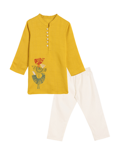 Three Little Threaded Birds Mustard Kurta Set