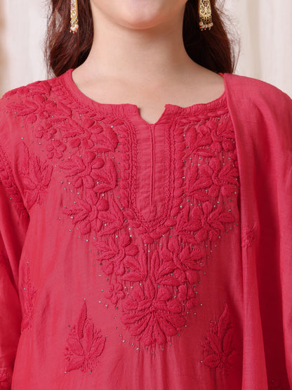 CHANDERI HAND EMBROIDERED CHIKANKARI KURTA SET- RED