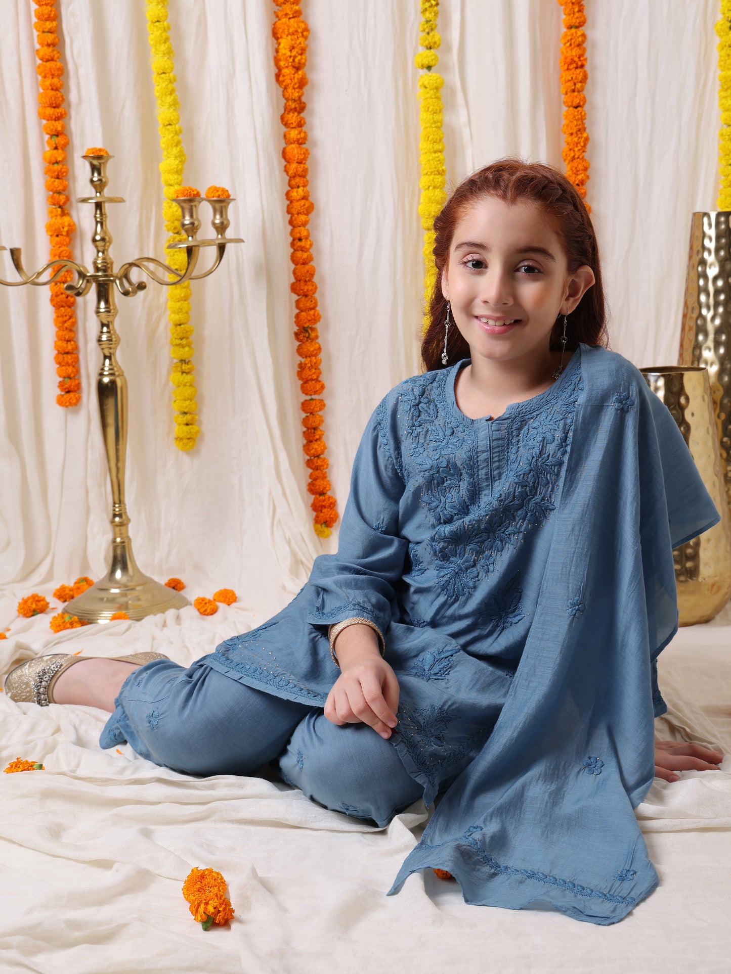 CHANDERI HAND EMBROIDERED CHIKANKARI KURTA SET- BLUE