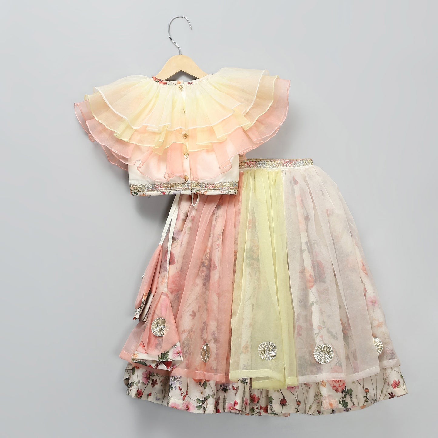 MULTI COLOR ORGANZA FRILL  WITH PRINTED LEHNGA SET