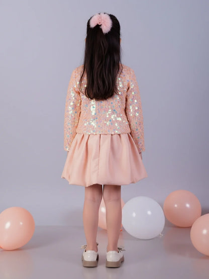 Glam up Peach Jacket with Skirt For Girls