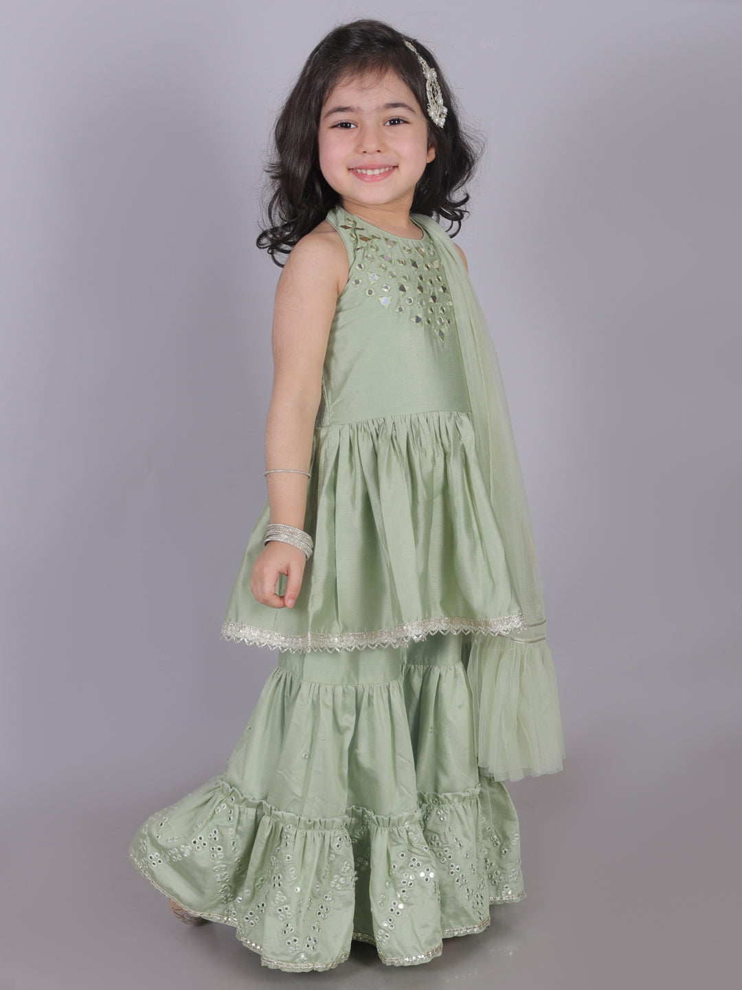 Ethnic Girls Green Kurta with Sharara and dupatta set