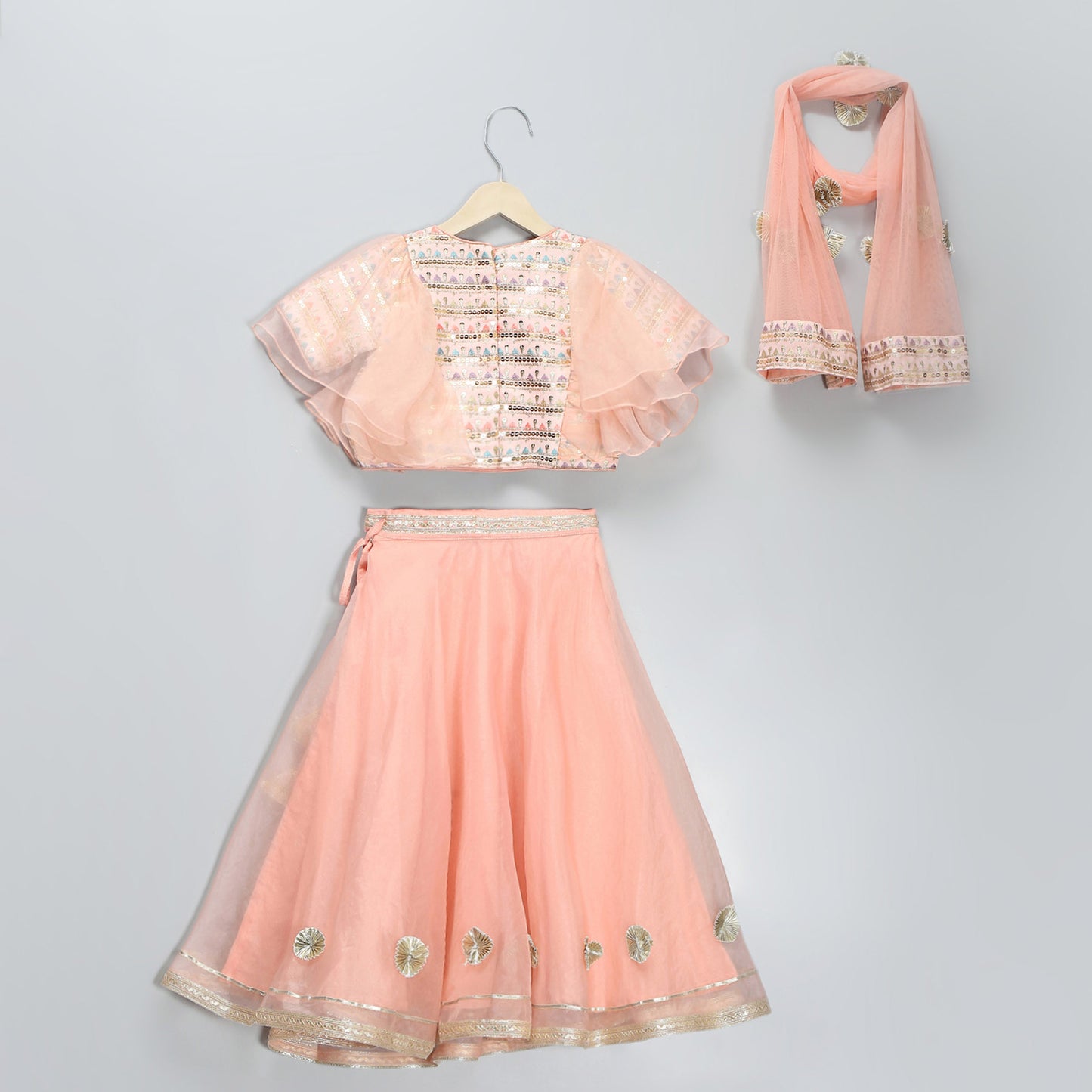 PEACH ORGANZA AND SILK FRILLY BLOUSE LEHNGA SET WITH DUPPATA
