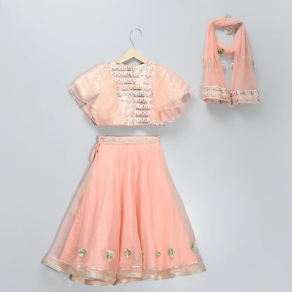 PEACH ORGANZA AND SILK FRILLY BLOUSE LEHNGA SET WITH DUPPATA