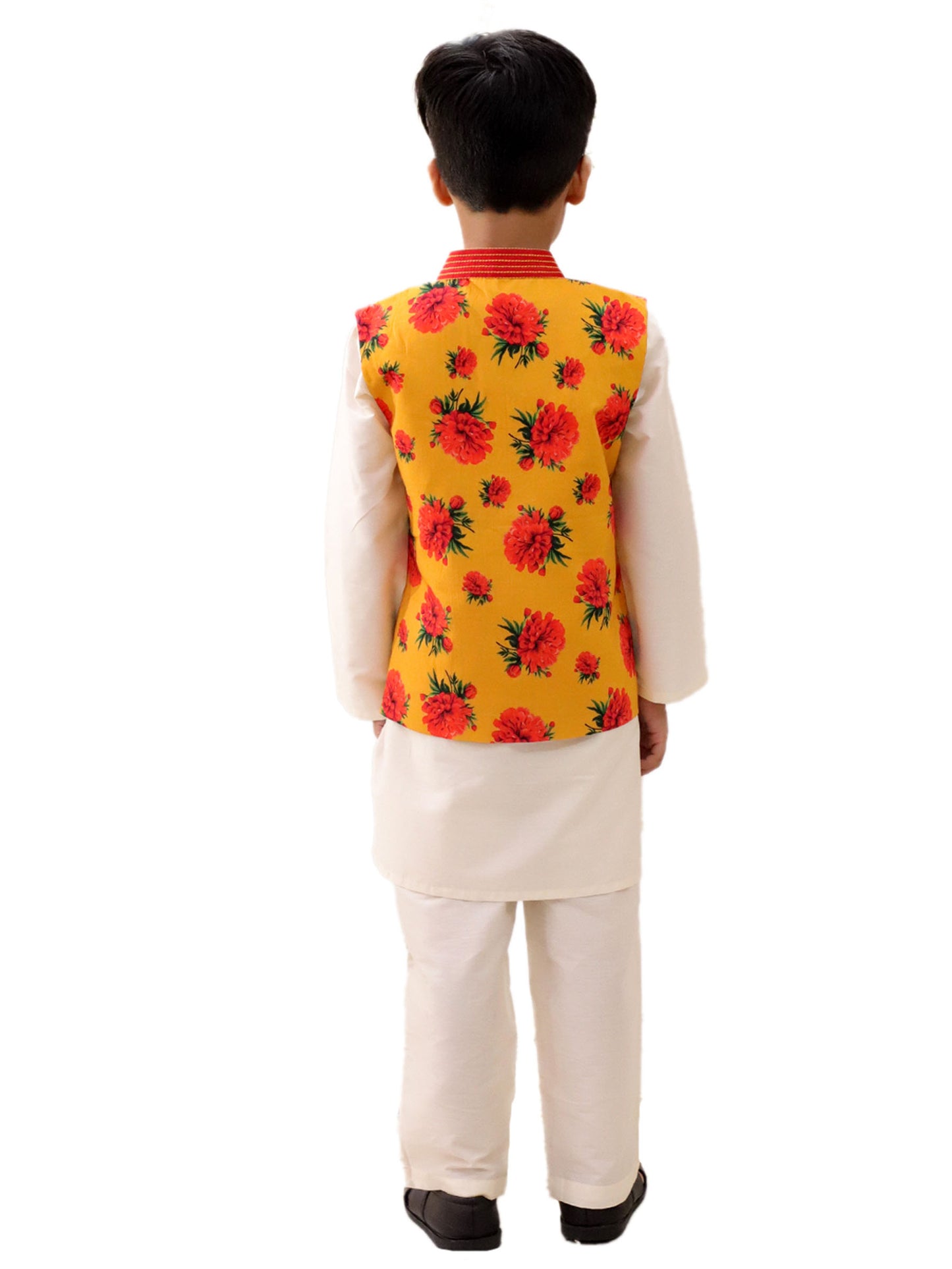 Genda Phool White Kurta and Pant with Mustard Jacket Set for Boys