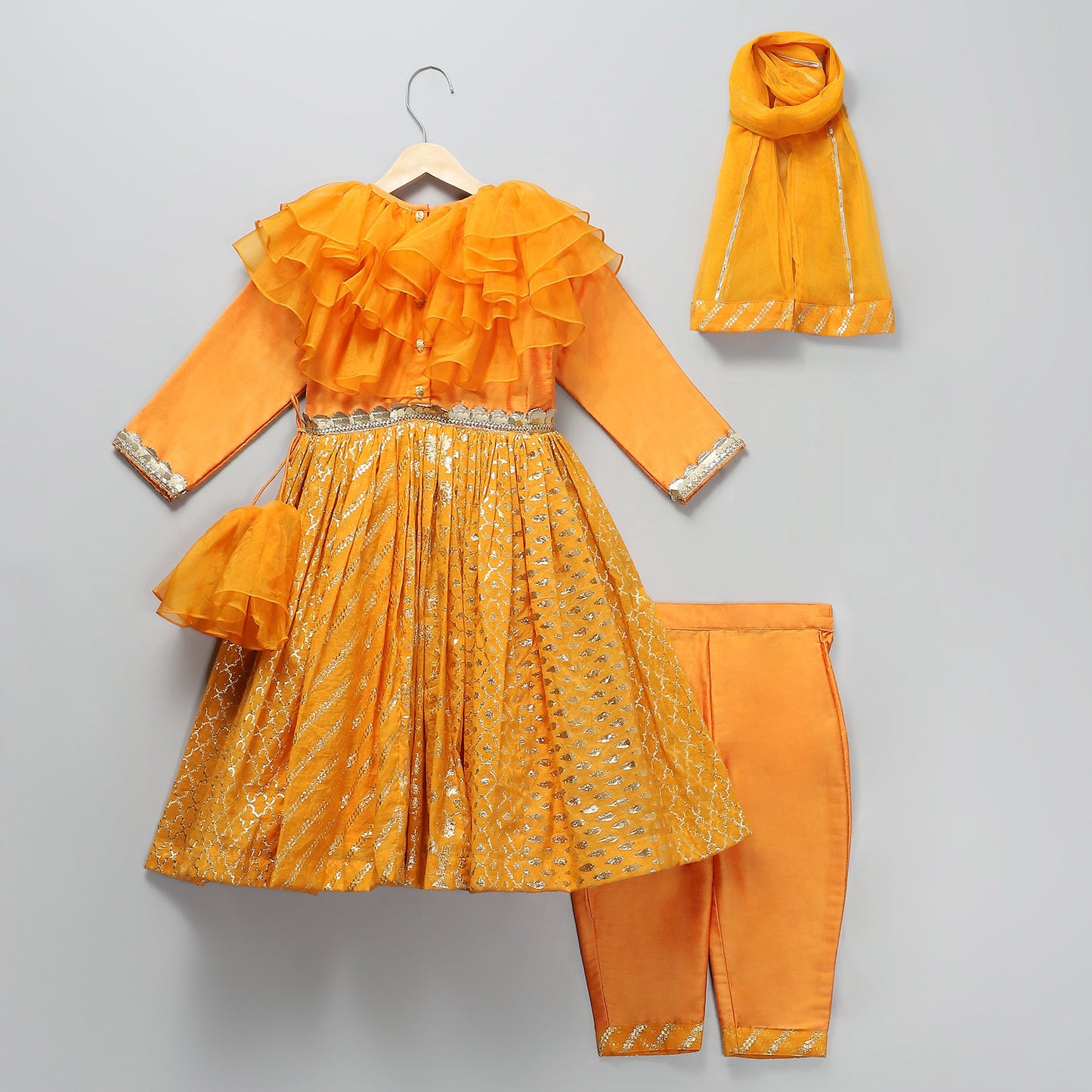 ORANGE FRILLY CHANDERI ANARKALI SET WITH DUPPATTA