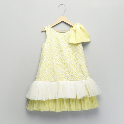 LIME YELLOW LACE DRESS WITH NET RUFFLES