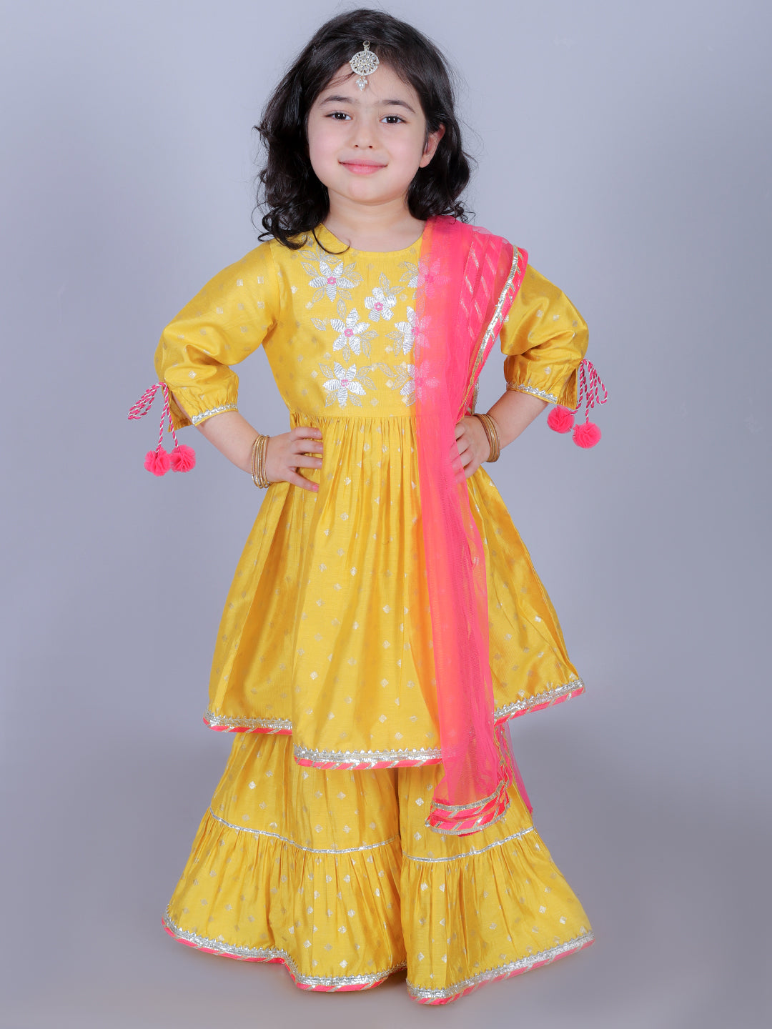 Ethnic Girls Yellow kurta with Sharara and Dupatta set