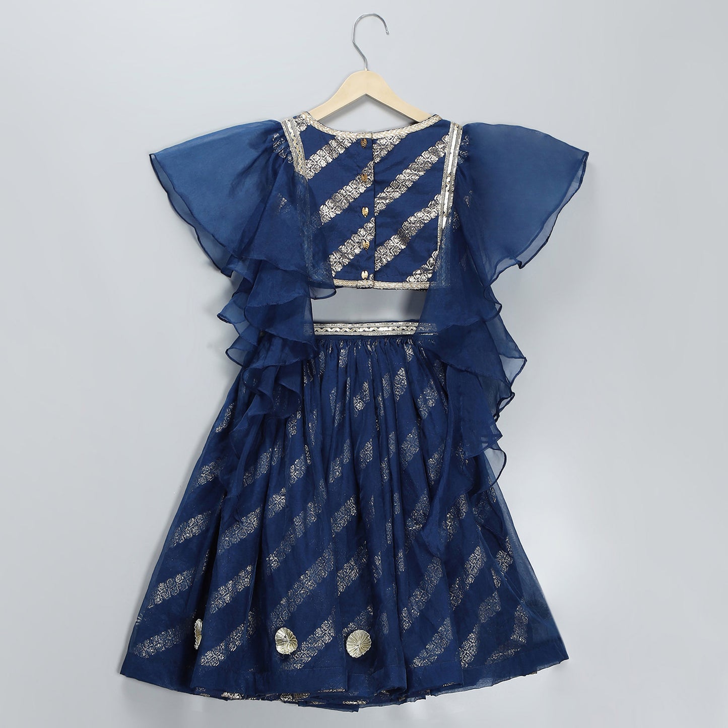 BLUE CHANDERI FRILL BLOUSE LEHNGA SET