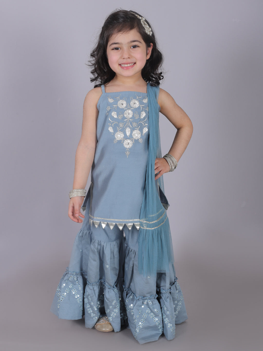 Ethnic Girls Blue Kurta with Sharara and dupatta set