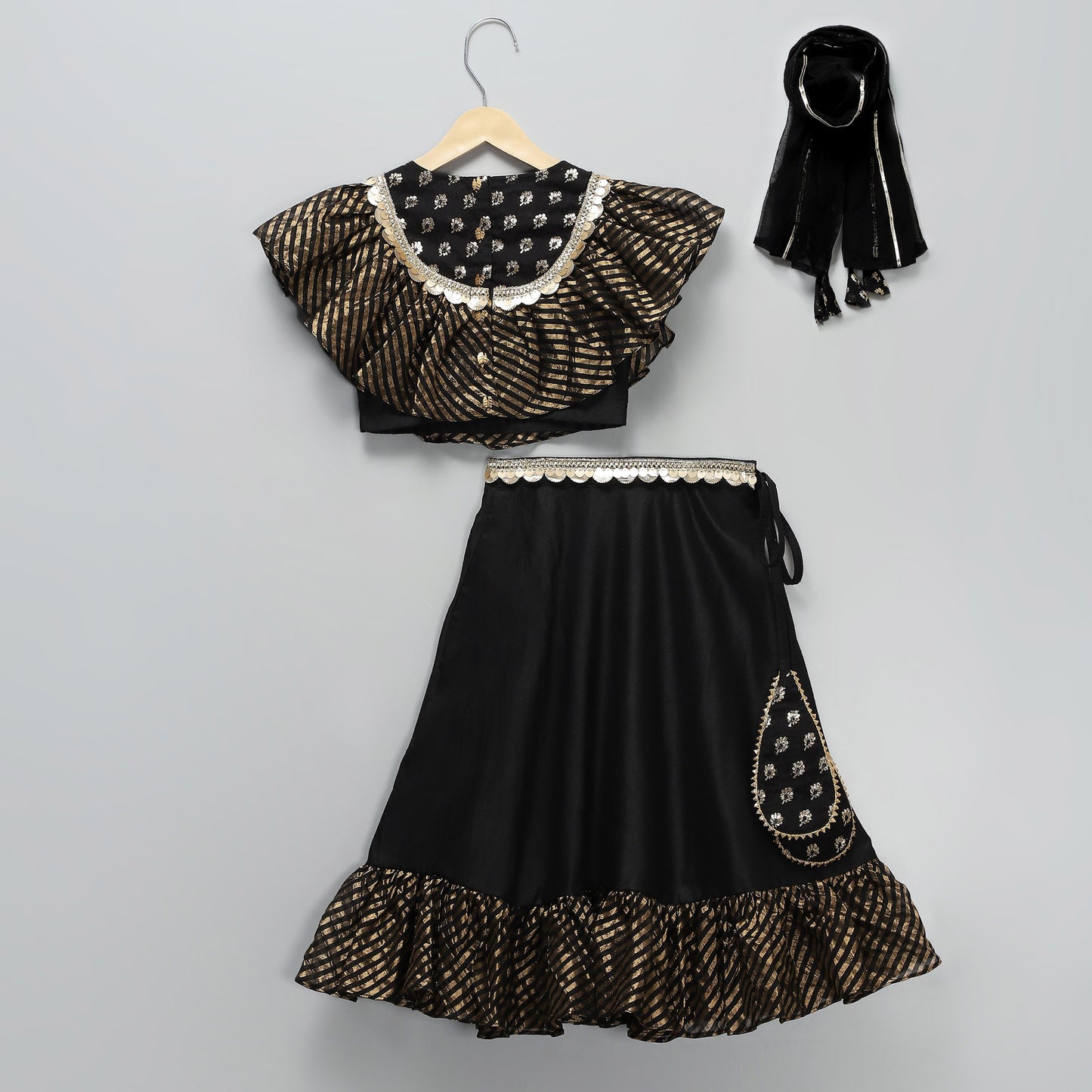 BLACK CHANDERI FRILL LEHNGA SET