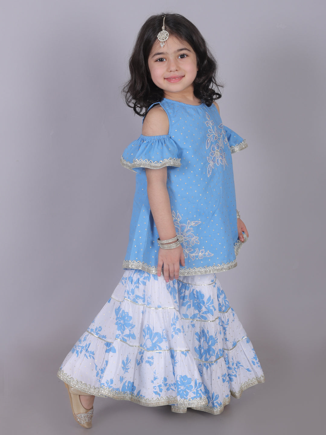 Ethnic Girls Blue Cotton Kurta with Sharara Set