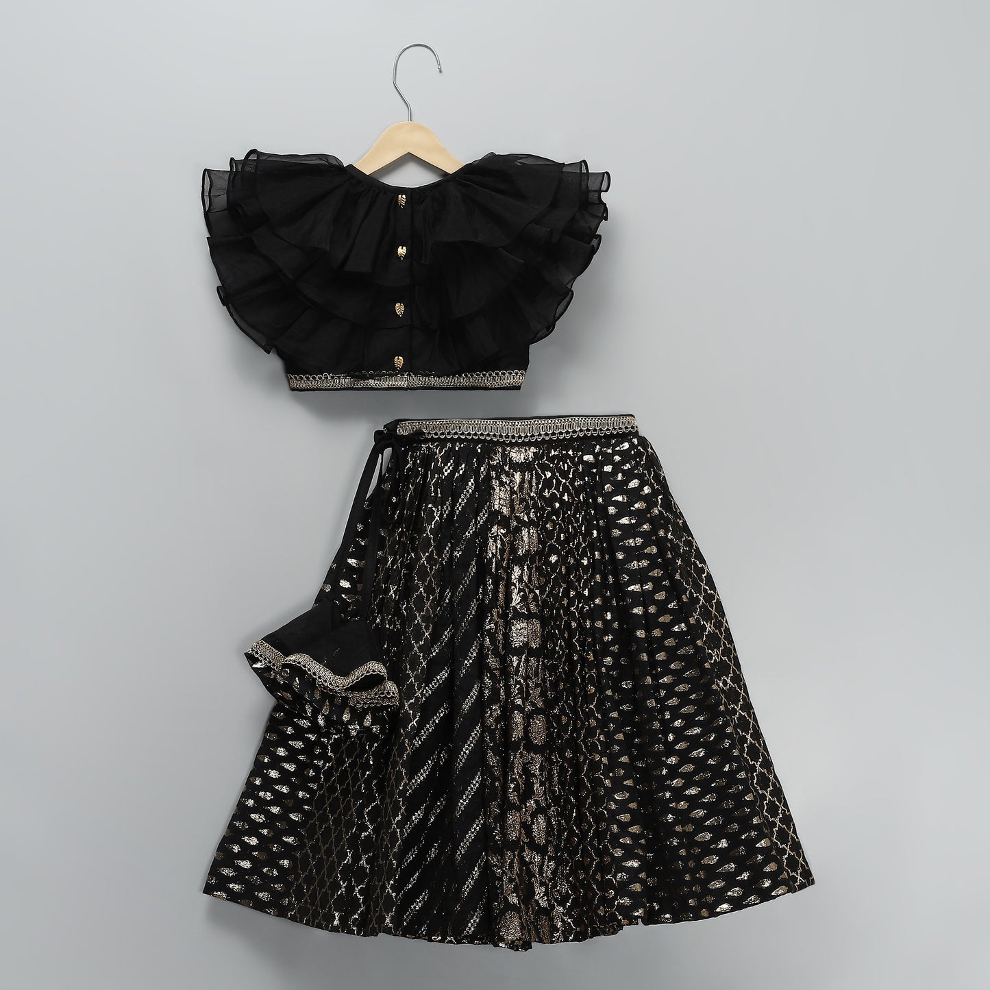 BLACK ORGANZA FRILL CHANDERI LEHNGA SET